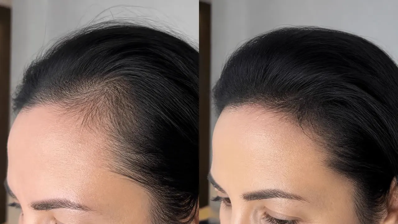 Antes y después de la línea del cabello con FIBRA tono negro