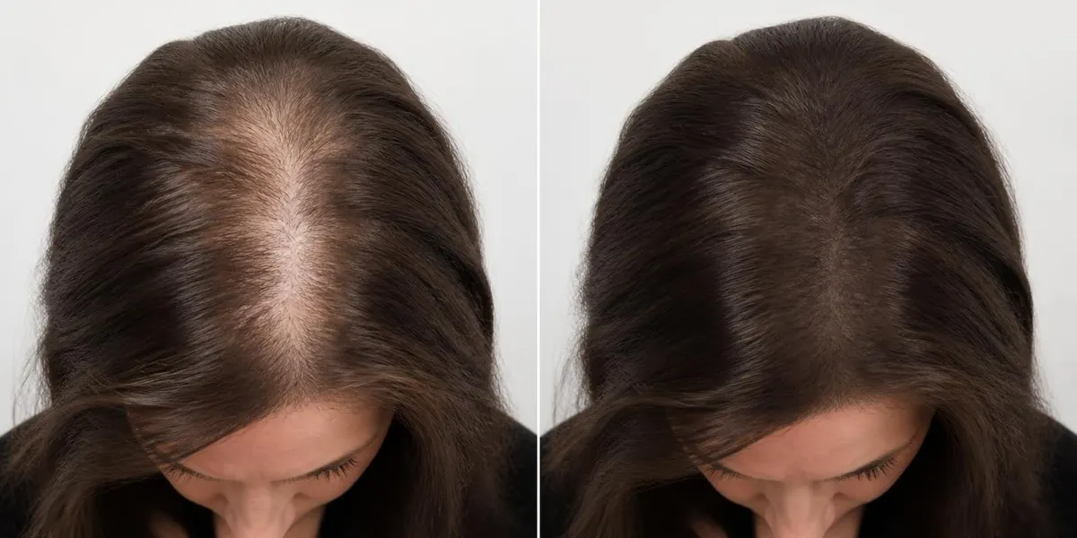 Antes y después: coronilla con poco pelo, después cubierta
