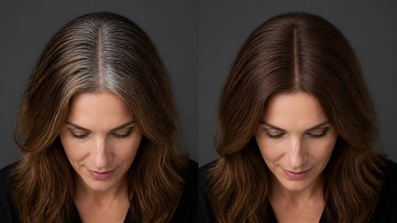 Antes y después de tapar las canas de la raíz con FIBRA tono marrón