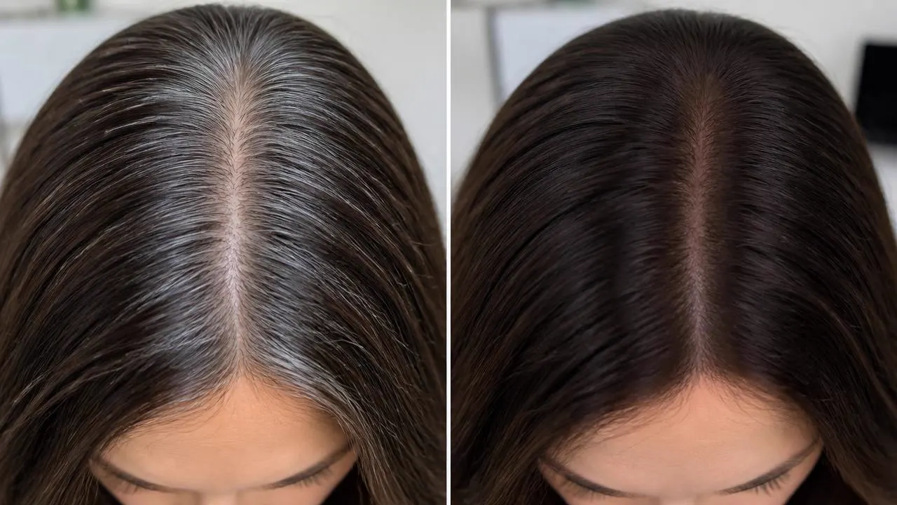 Antes y después de la raya del medio con FIBRA tono negro