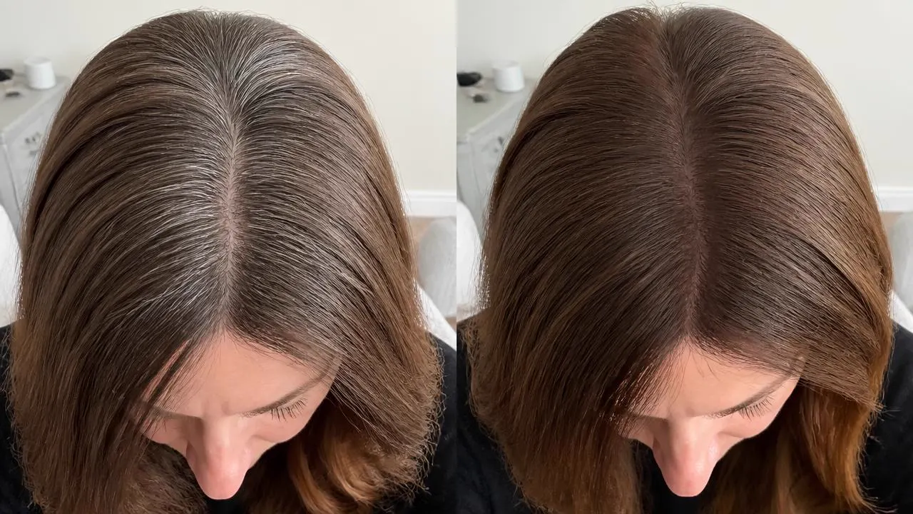 Antes y después de tapar las canas de la raíz con FIBRA tono marrón